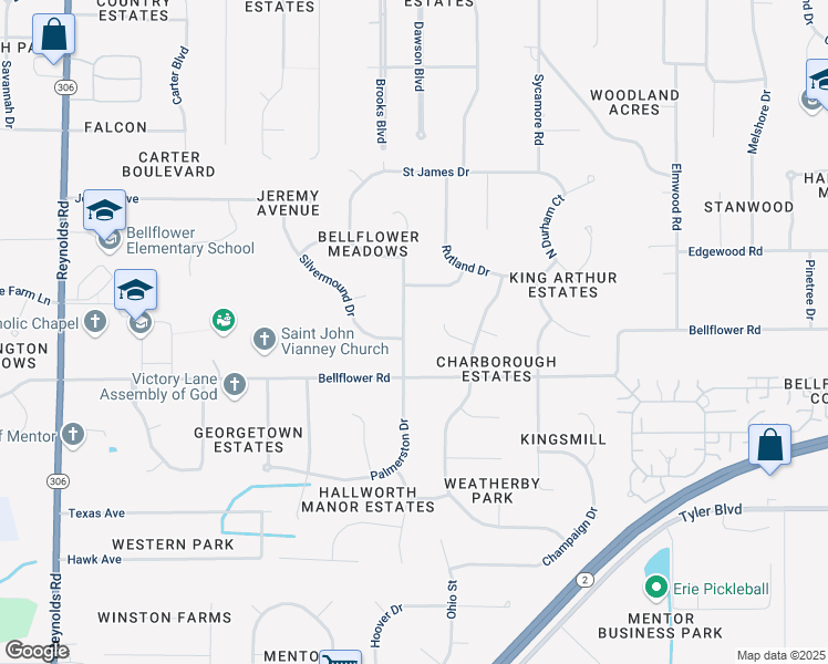 map of restaurants, bars, coffee shops, grocery stores, and more near 6741 North Palmerston Drive in Mentor
