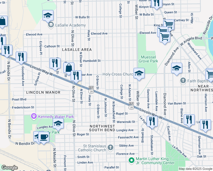 map of restaurants, bars, coffee shops, grocery stores, and more near 1010 North Johnson Street in South Bend