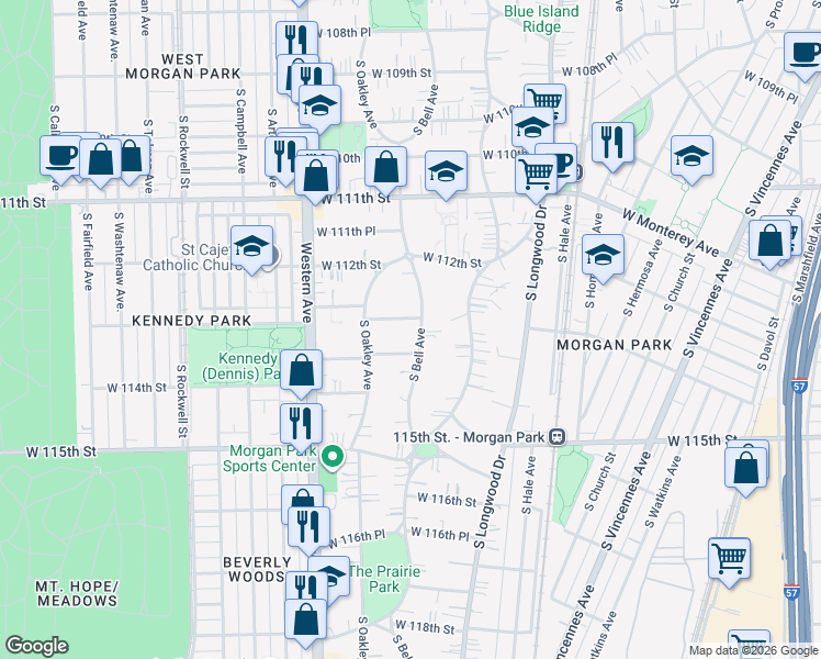 map of restaurants, bars, coffee shops, grocery stores, and more near 11309 South Bell Avenue in Chicago