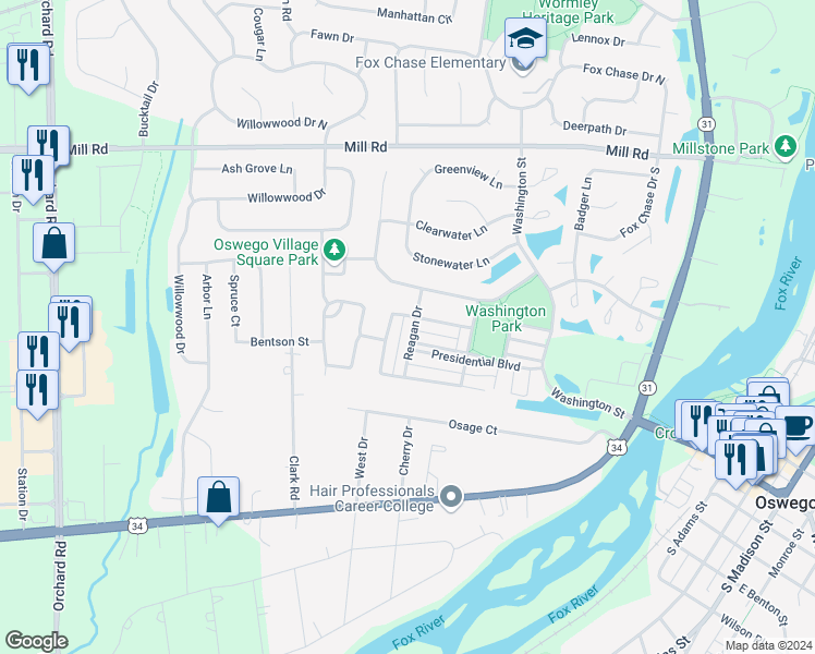 map of restaurants, bars, coffee shops, grocery stores, and more near 419 Reagan Drive in Oswego