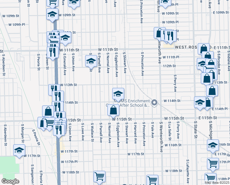 map of restaurants, bars, coffee shops, grocery stores, and more near 11329 South Normal Avenue in Chicago