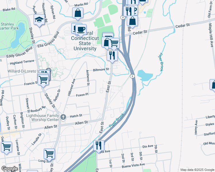 map of restaurants, bars, coffee shops, grocery stores, and more near 1300 Connecticut 175 in New Britain