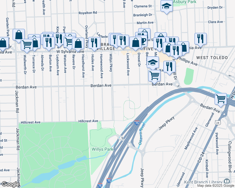 map of restaurants, bars, coffee shops, grocery stores, and more near 3646 Willys Parkway in Toledo