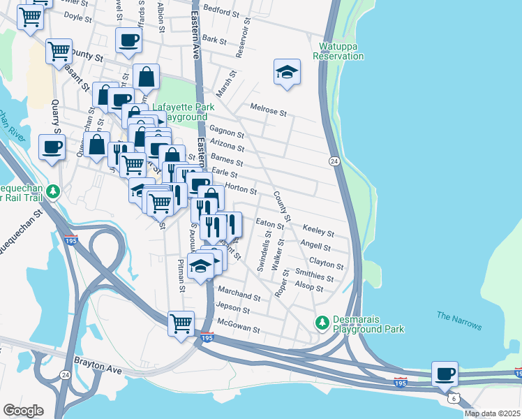 map of restaurants, bars, coffee shops, grocery stores, and more near 46 Barlow Street in Fall River