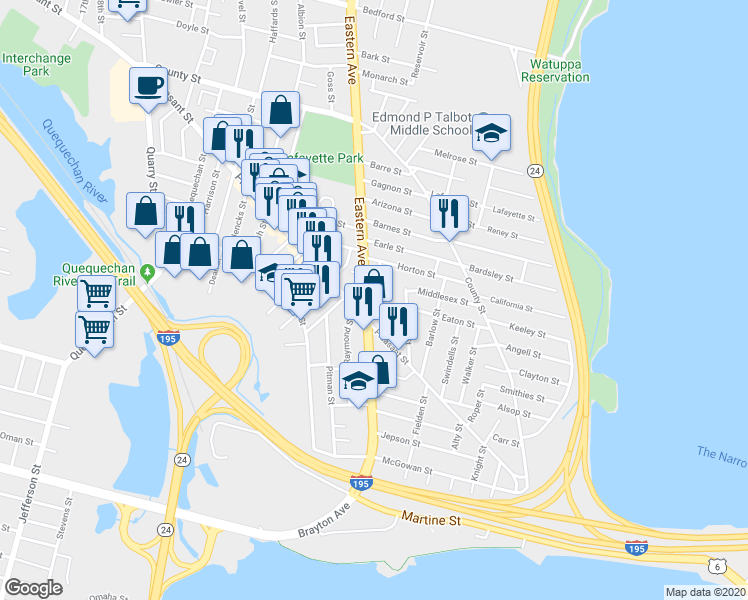 map of restaurants, bars, coffee shops, grocery stores, and more near 682 Eastern Avenue in Fall River
