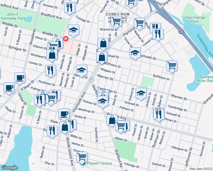 map of restaurants, bars, coffee shops, grocery stores, and more near 70 Coral Street in Fall River