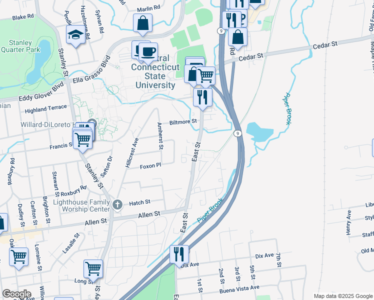 map of restaurants, bars, coffee shops, grocery stores, and more near 1300 Connecticut 175 in New Britain