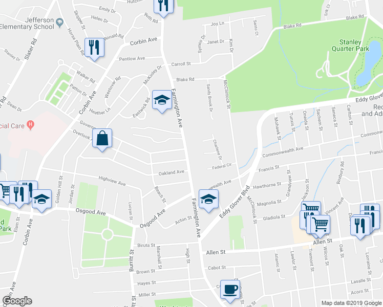 map of restaurants, bars, coffee shops, grocery stores, and more near 375 Farmington Avenue in New Britain