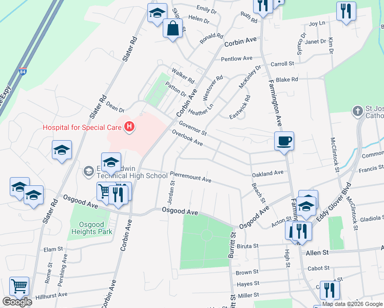map of restaurants, bars, coffee shops, grocery stores, and more near 217 Oakland Avenue in New Britain