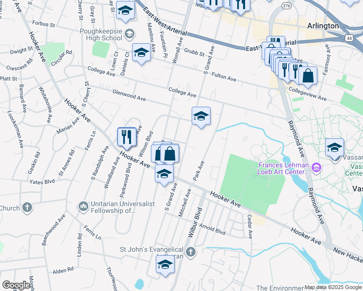 map of restaurants, bars, coffee shops, grocery stores, and more near 6 Willow Avenue in Poughkeepsie