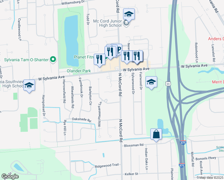 map of restaurants, bars, coffee shops, grocery stores, and more near 3901 North McCord Road in Toledo