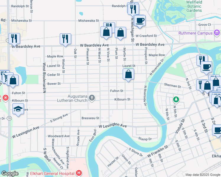 map of restaurants, bars, coffee shops, grocery stores, and more near 301 North Vine Street in Elkhart