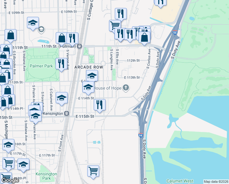 map of restaurants, bars, coffee shops, grocery stores, and more near 11340 South Langley Avenue in Chicago