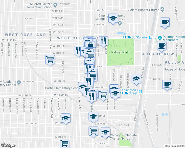 map of restaurants, bars, coffee shops, grocery stores, and more near 11328 South Michigan Avenue in Chicago