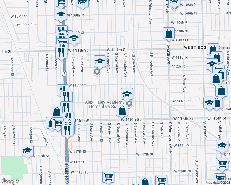 map of restaurants, bars, coffee shops, grocery stores, and more near 11325 South Parnell Avenue in Chicago
