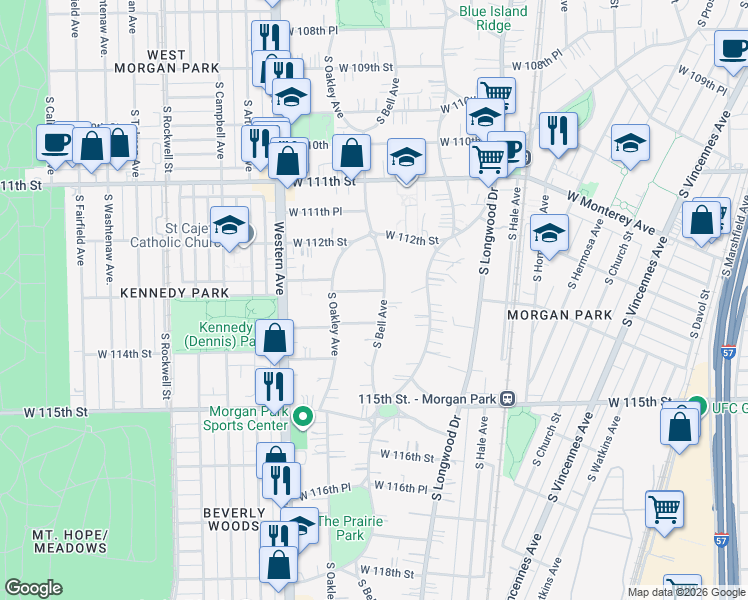 map of restaurants, bars, coffee shops, grocery stores, and more near 11309 South Bell Avenue in Chicago