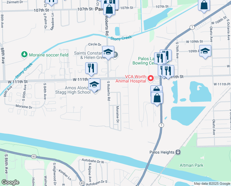 map of restaurants, bars, coffee shops, grocery stores, and more near 11180 Moraine Drive in Palos Hills