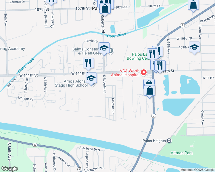 map of restaurants, bars, coffee shops, grocery stores, and more near 11180 Moraine Drive in Palos Hills