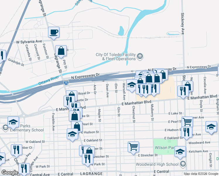 map of restaurants, bars, coffee shops, grocery stores, and more near 3610 Dean Avenue in Toledo