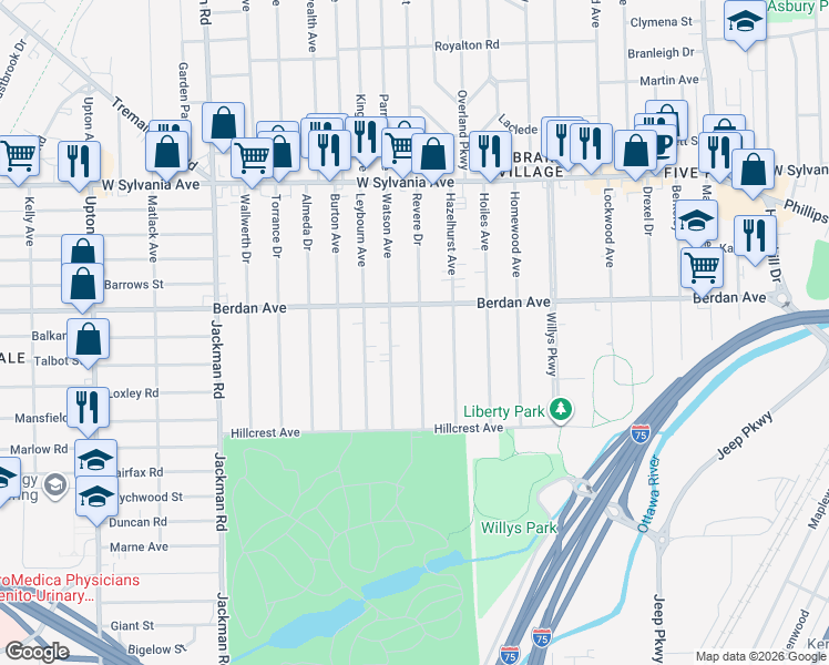 map of restaurants, bars, coffee shops, grocery stores, and more near 3663 Revere Drive in Toledo
