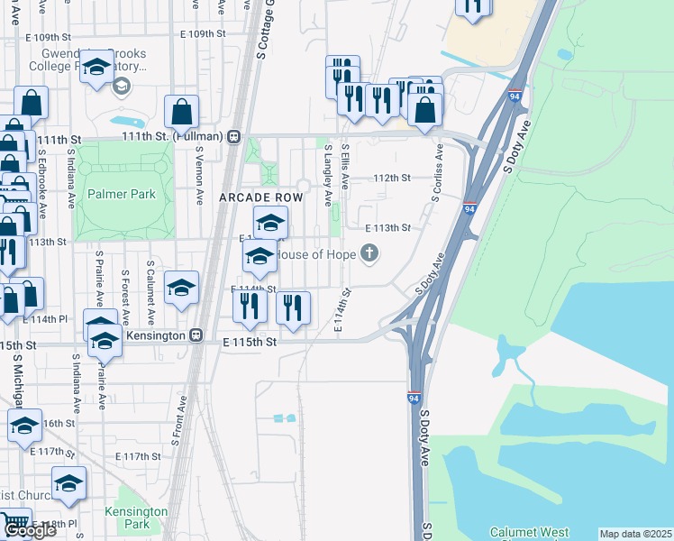 map of restaurants, bars, coffee shops, grocery stores, and more near 11339 South Langley Avenue in Chicago