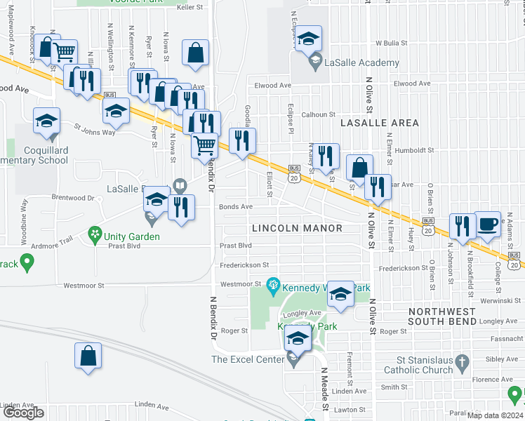 map of restaurants, bars, coffee shops, grocery stores, and more near 2910 Bonds Avenue in South Bend