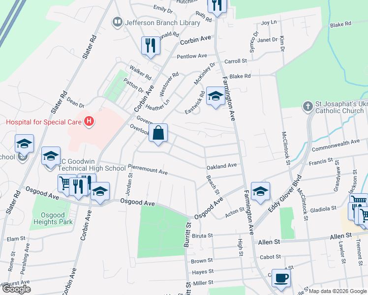 map of restaurants, bars, coffee shops, grocery stores, and more near 137 Overlook Avenue in New Britain