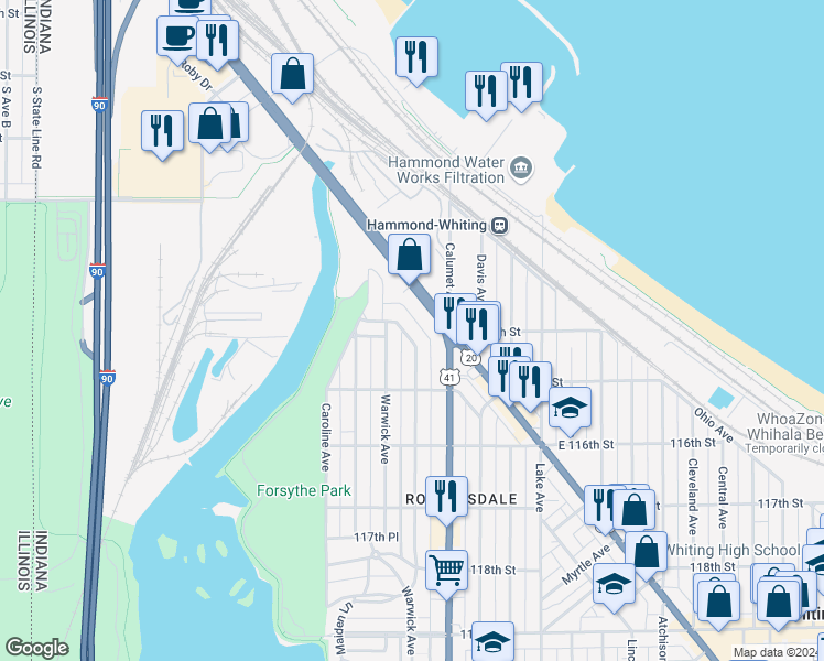 map of restaurants, bars, coffee shops, grocery stores, and more near 1415 Brown Avenue in Whiting