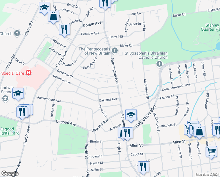 map of restaurants, bars, coffee shops, grocery stores, and more near 30 Governor Street in New Britain