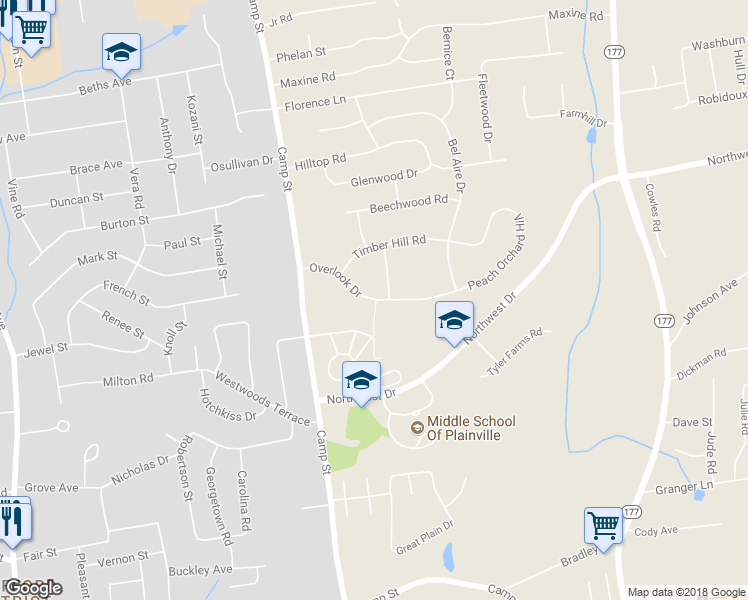 map of restaurants, bars, coffee shops, grocery stores, and more near 16 Overlook Drive in Plainville