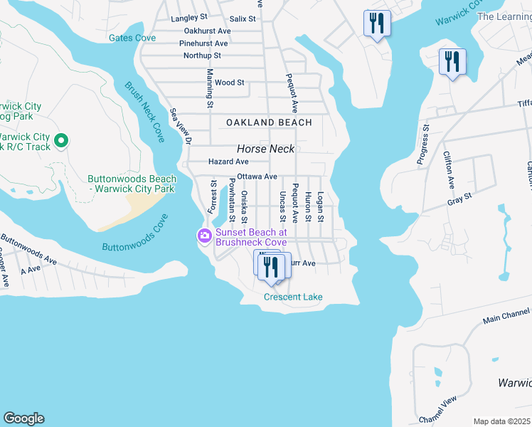 map of restaurants, bars, coffee shops, grocery stores, and more near 765 Oakland Beach Avenue in Warwick