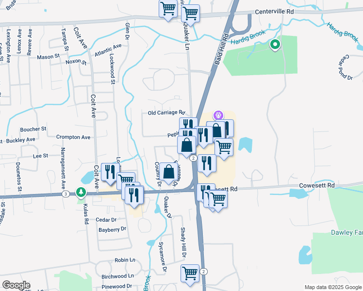 map of restaurants, bars, coffee shops, grocery stores, and more near 140 Country Dr in West Warwick