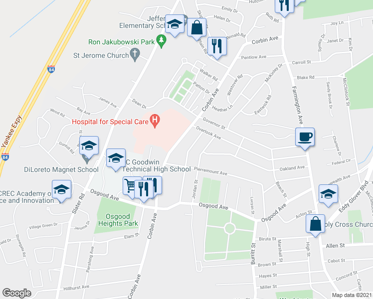 map of restaurants, bars, coffee shops, grocery stores, and more near 126 Golden Hill St in New Britain