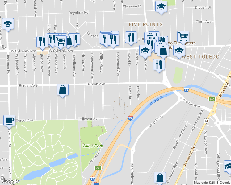 map of restaurants, bars, coffee shops, grocery stores, and more near 3739 Lockwood Ave in Toledo