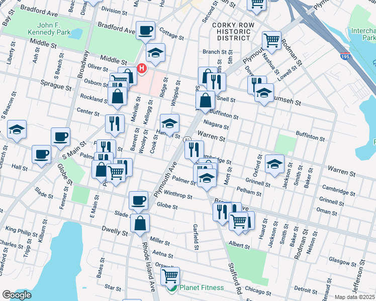 map of restaurants, bars, coffee shops, grocery stores, and more near 37 Stafford Road in Fall River