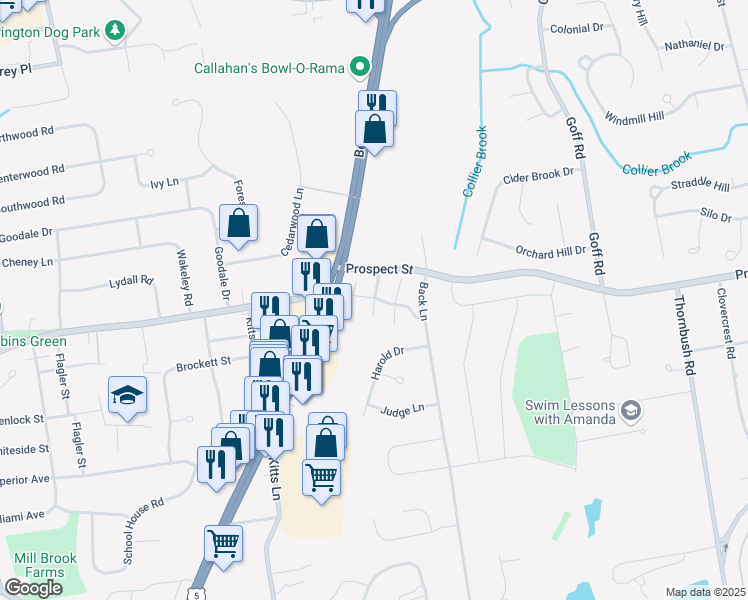 map of restaurants, bars, coffee shops, grocery stores, and more near 23 Bogart Lane in Newington