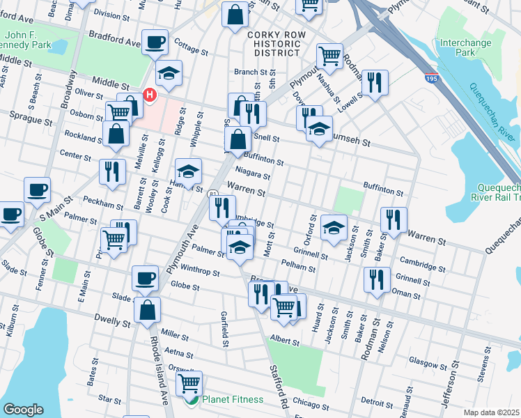 map of restaurants, bars, coffee shops, grocery stores, and more near 161 Foster Street in Fall River