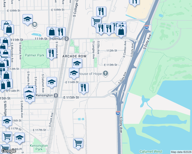 map of restaurants, bars, coffee shops, grocery stores, and more near 11340 South Langley Avenue in Chicago