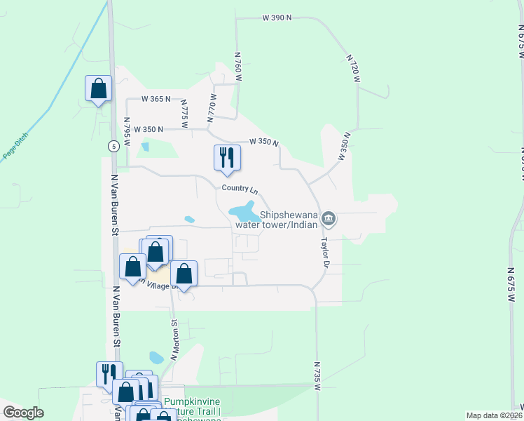map of restaurants, bars, coffee shops, grocery stores, and more near 705 Country Lane in Shipshewana