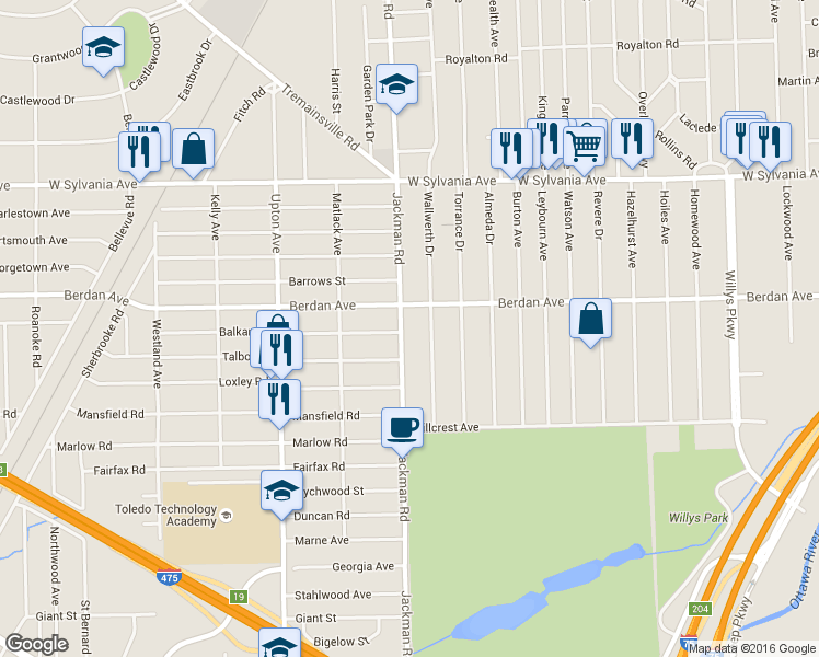 map of restaurants, bars, coffee shops, grocery stores, and more near 3732 Jackman Road in Toledo