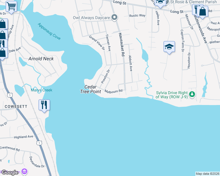 map of restaurants, bars, coffee shops, grocery stores, and more near 38 Ferncliff Avenue in Warwick