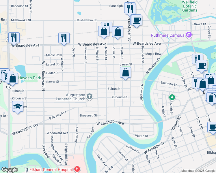map of restaurants, bars, coffee shops, grocery stores, and more near 301 North Vine Street in Elkhart