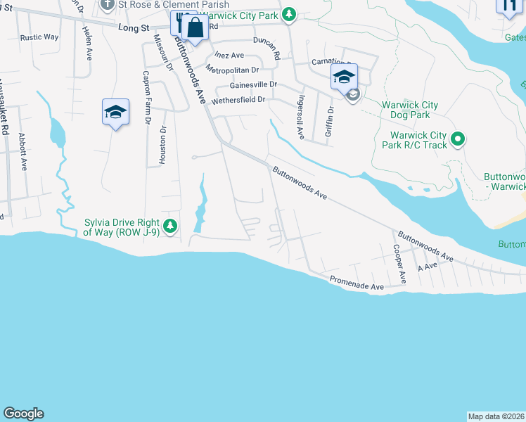 map of restaurants, bars, coffee shops, grocery stores, and more near 34W Budlong Farm Road in Warwick