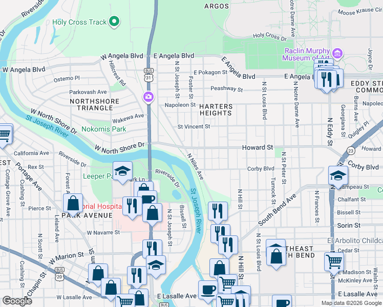 map of restaurants, bars, coffee shops, grocery stores, and more near 930 North Niles Avenue in South Bend