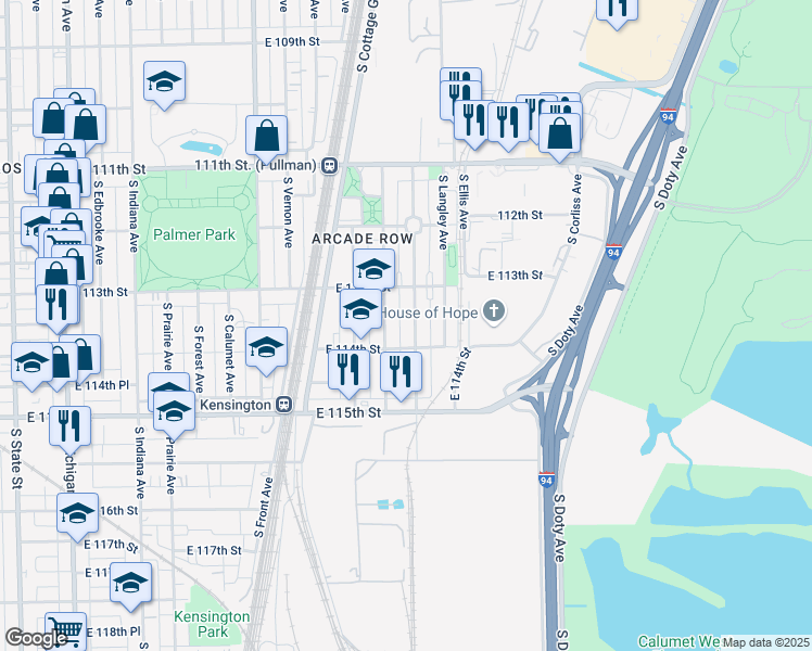 map of restaurants, bars, coffee shops, grocery stores, and more near 11342 South Champlain Avenue in Chicago