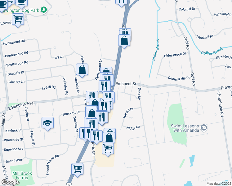 map of restaurants, bars, coffee shops, grocery stores, and more near 14 Harlow Drive in Newington