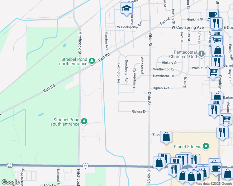 map of restaurants, bars, coffee shops, grocery stores, and more near 3805 Lexington Road in Michigan City