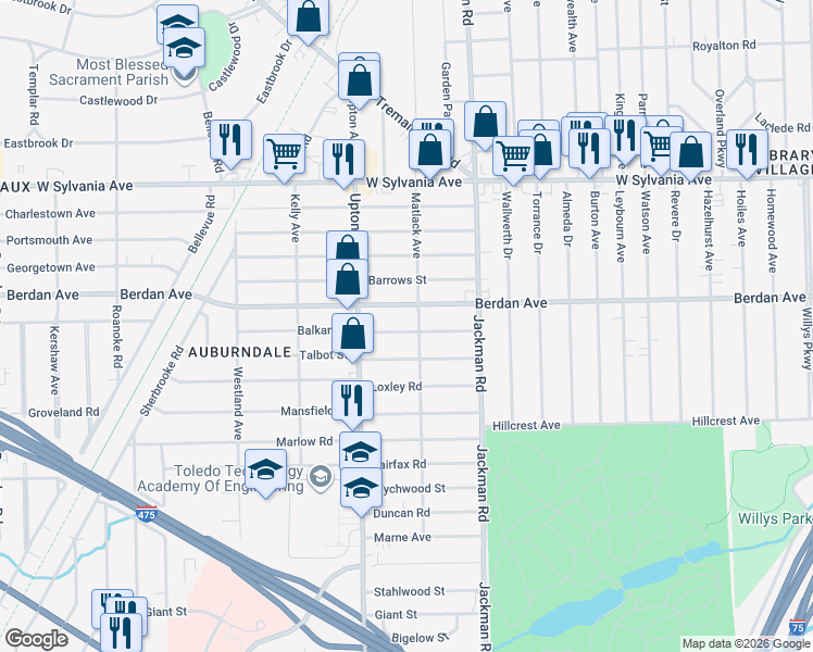 map of restaurants, bars, coffee shops, grocery stores, and more near 1810 Balkan Place in Toledo
