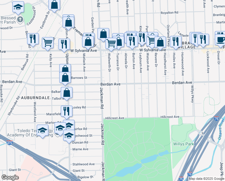 map of restaurants, bars, coffee shops, grocery stores, and more near 3706 Wallwerth Dr in Toledo