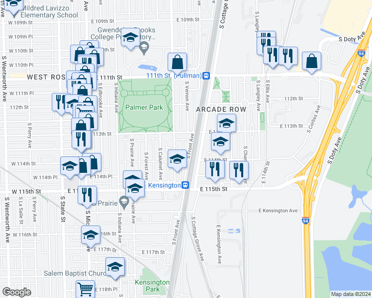 map of restaurants, bars, coffee shops, grocery stores, and more near 11336 South Front Avenue in Chicago